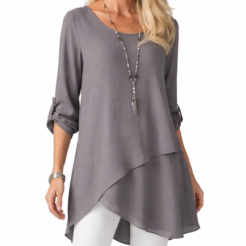 SOFT SURROUNDINGS Asymmetric Mayfair Tunic Top Lagenlook Boho Art Wear Gray Sz L